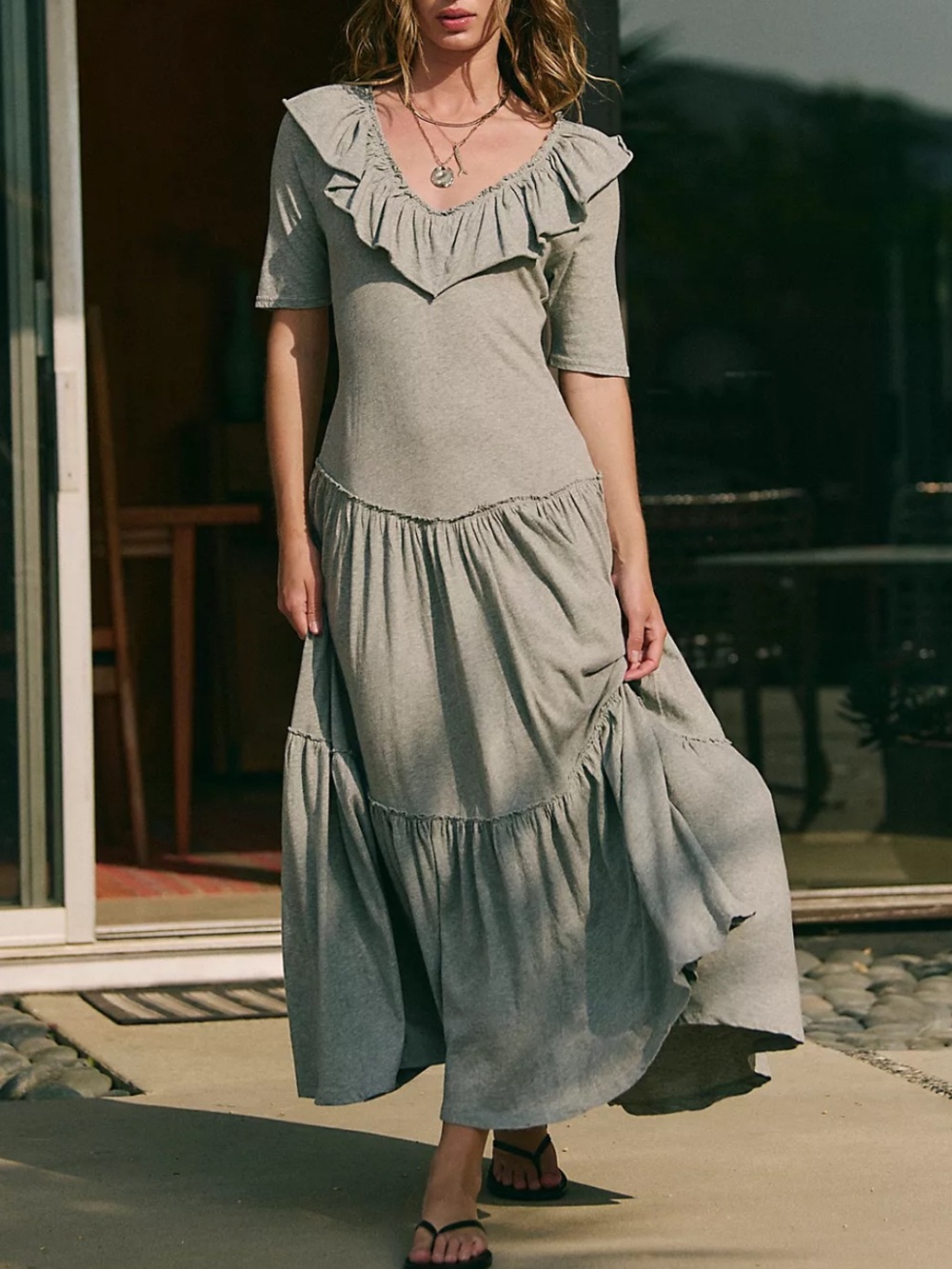 Free People Phaedra Cotton Gray Ruffle Tiered Midi Dress